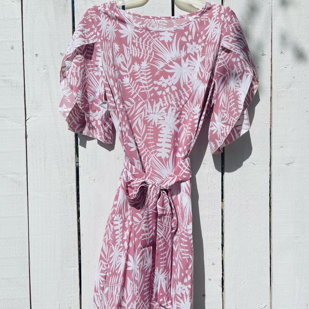 Tropical print petal sleeve belted dress.